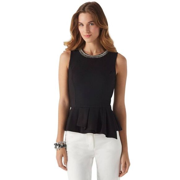 White House Black Market WHBM Embellished Ponte Peplum Top, Black w sequins,sz 4 - Picture 1 of 9